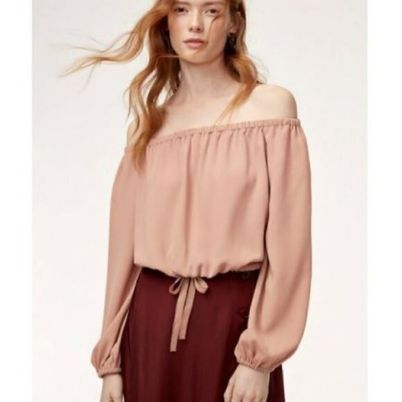 Aritzia Wilfred Shirt Womens size XS Tan Exposed Shoulder Eleanora blouse - Picture 3 of 13